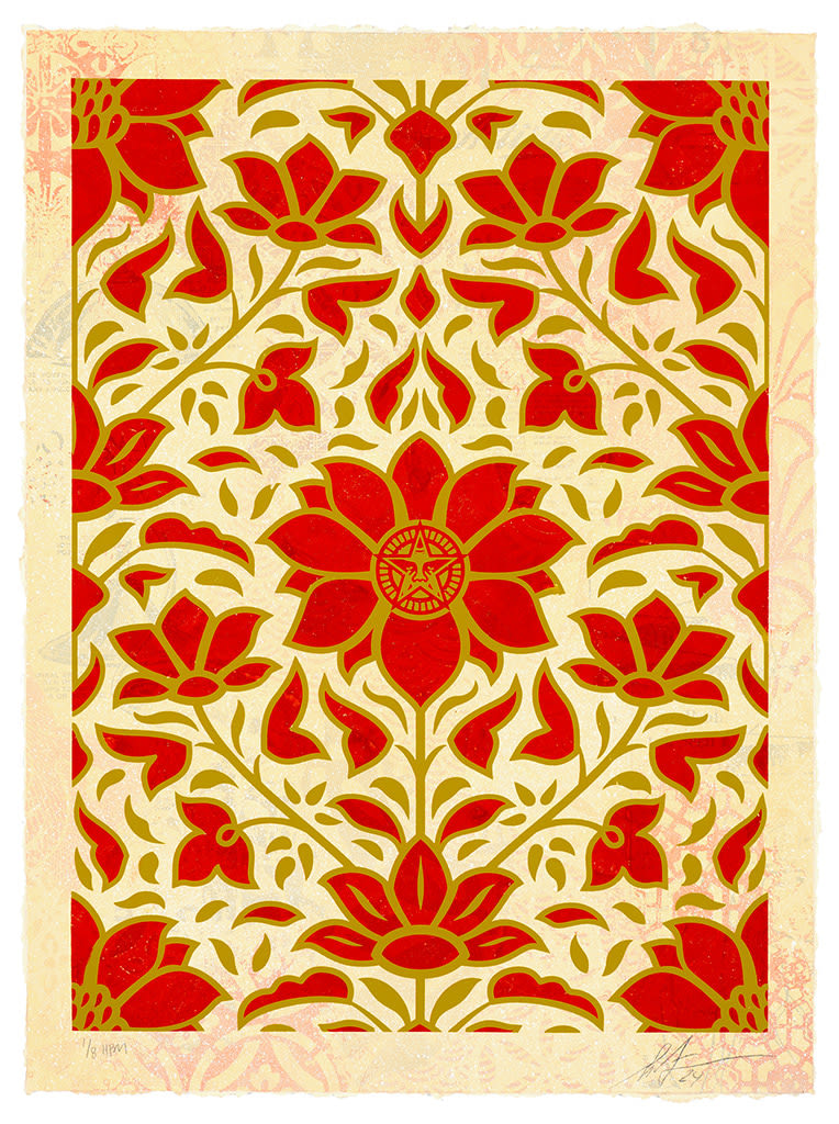 red, cream, and green piece with red flowers, green stems, and a cream background