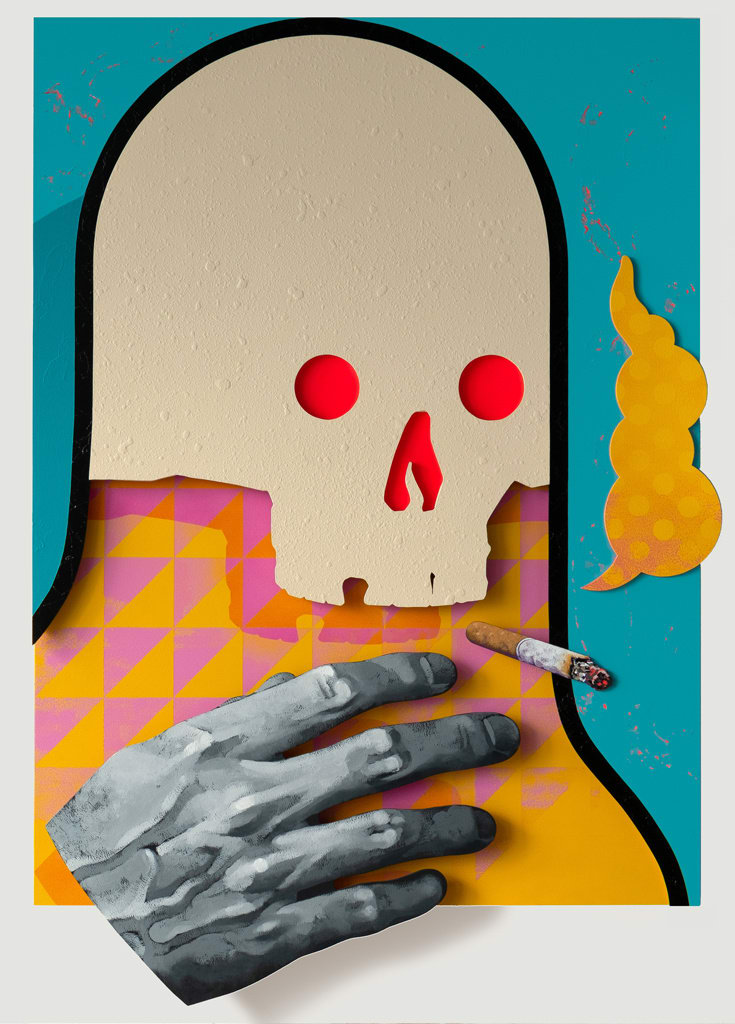 Painting of a skull smoking a cigarette by Michael Reeder