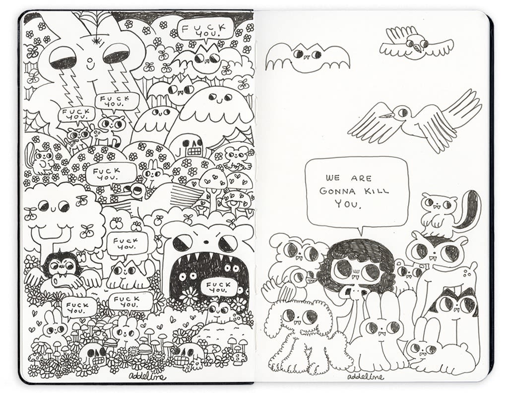 Open face Moleskine notebook filled with various doodle-like drawings, with various characters saying