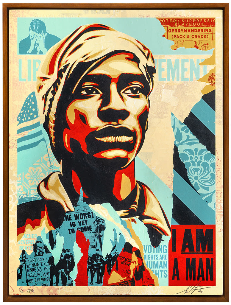 portrait of a mean overlaid and collaged with red, blue, and red patterns, shapes, text, and images