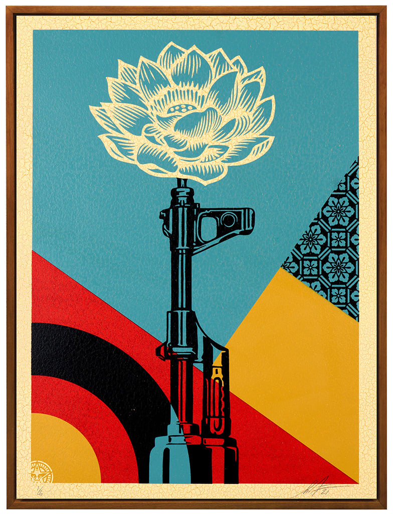 outline of a gun with a lotus flower coming out of the end with an abstracted geometric blue, yellow, and red background
