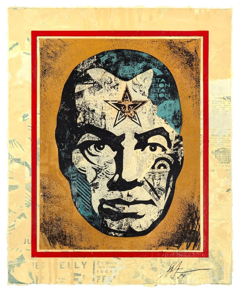 Silkscreen portrait of man with star on his forehead on yellow background