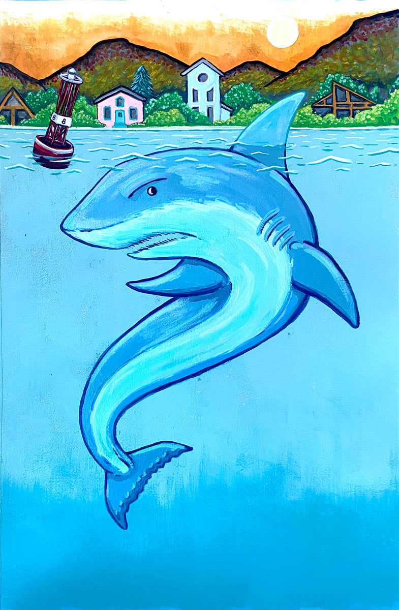 painting of a shark underneath the water