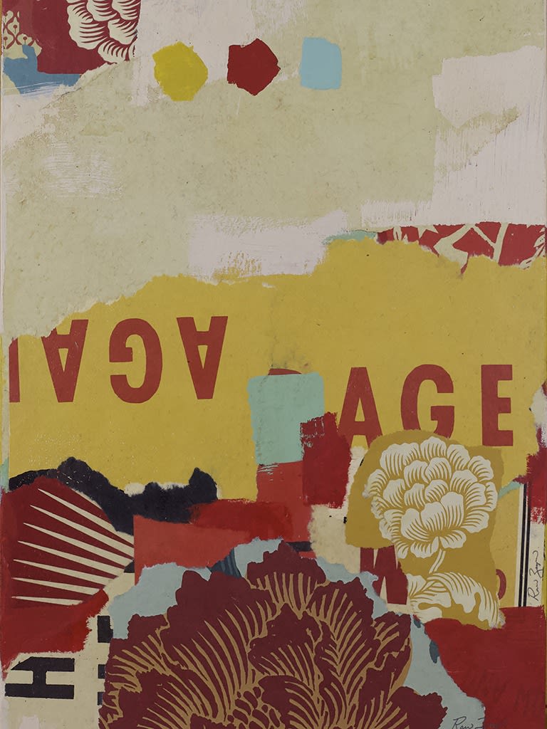 collage of torn up screen prints of religious and historical symbols