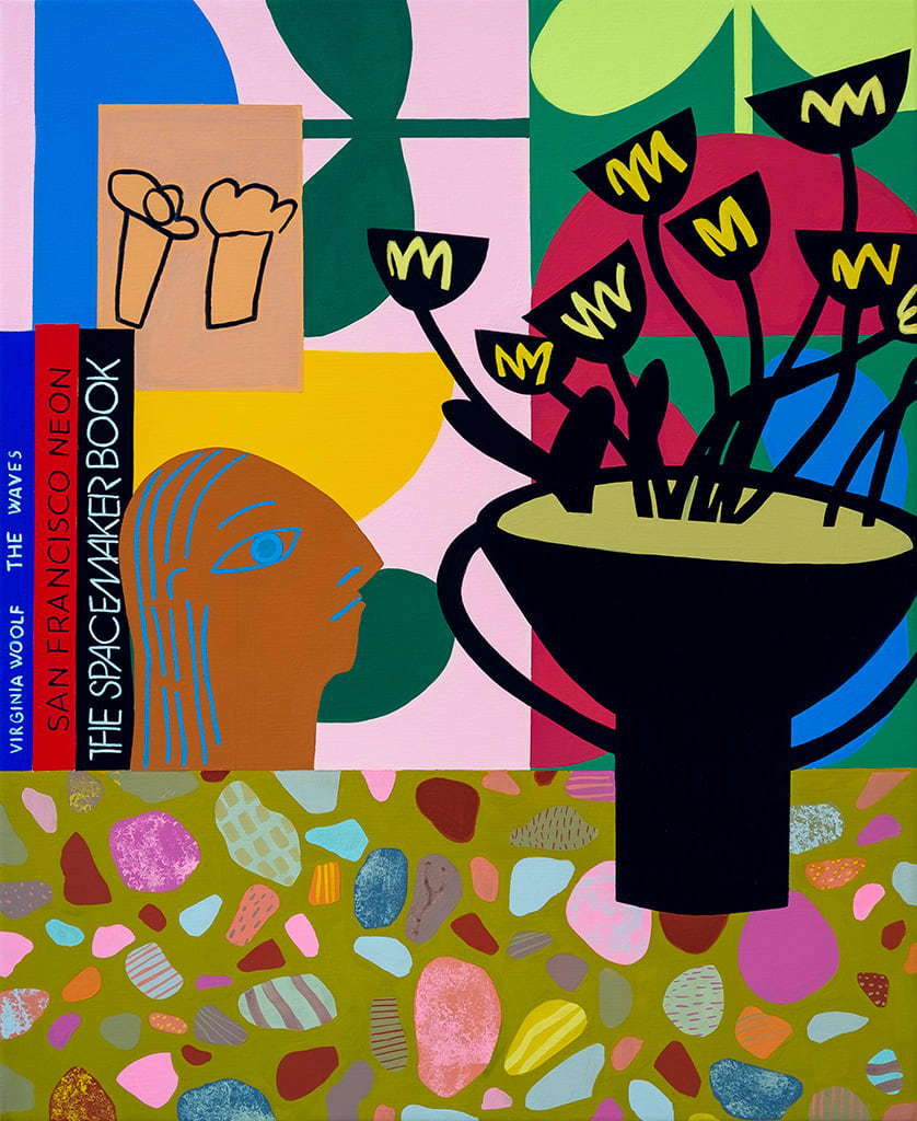 Still life painting of a stone marbled counter top with a black vase with black flowers in it, a stack of books and a woman's head