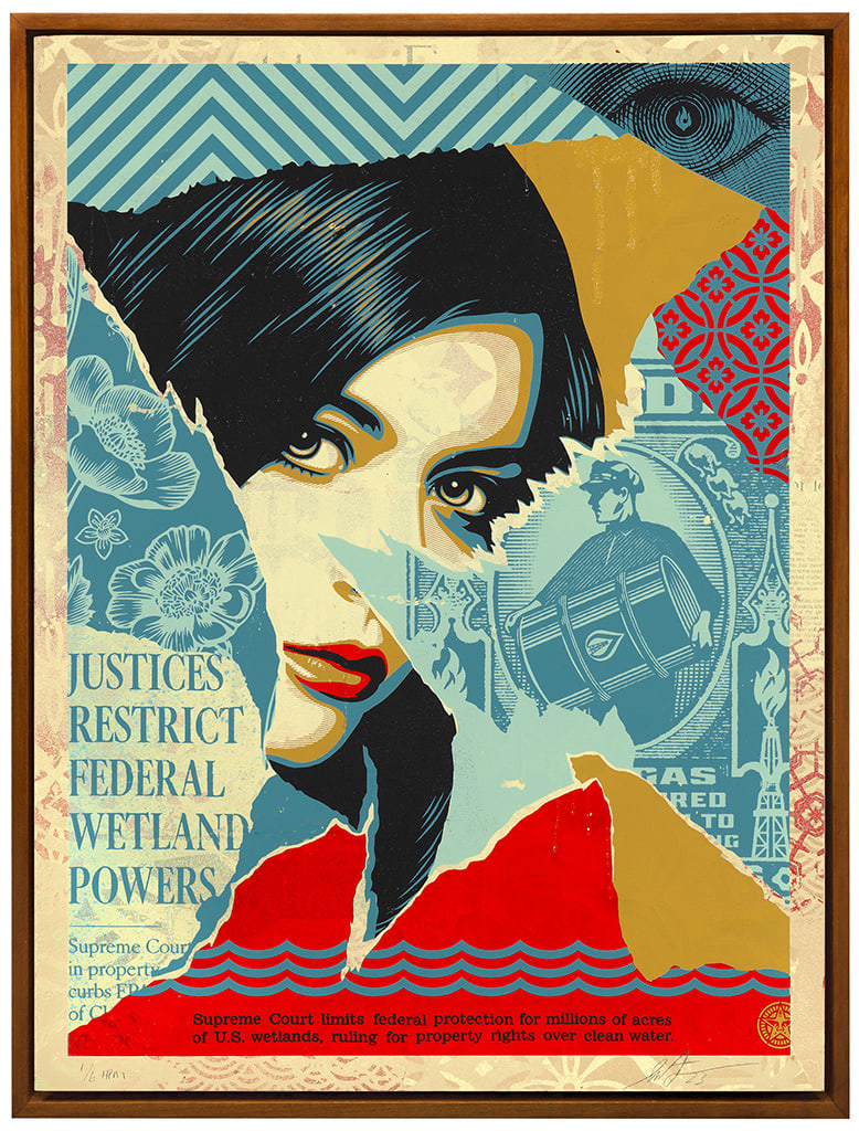 womans face collaged and hidden behind red, blue, and yellow patterns, textures, text, and images