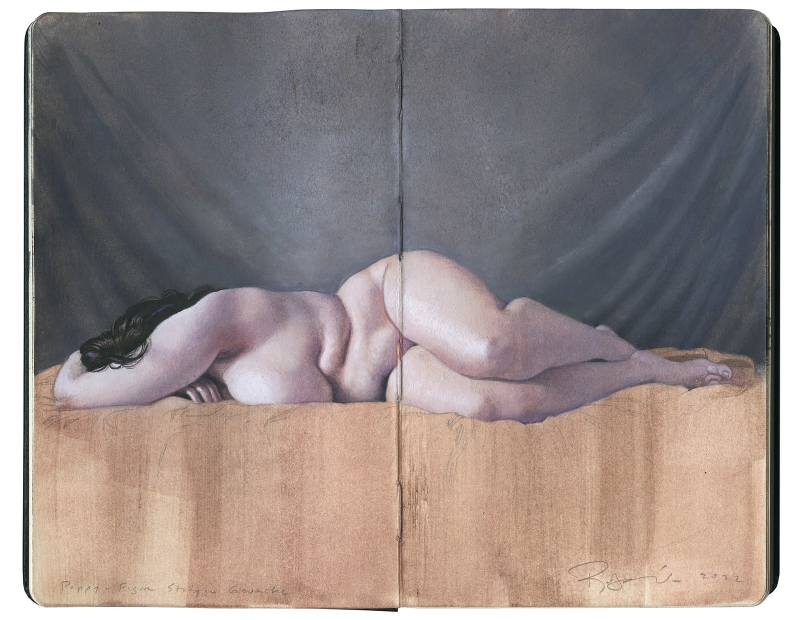 Painting of a naked woman lying on a wooden block with her face covered and a black draped clothe background