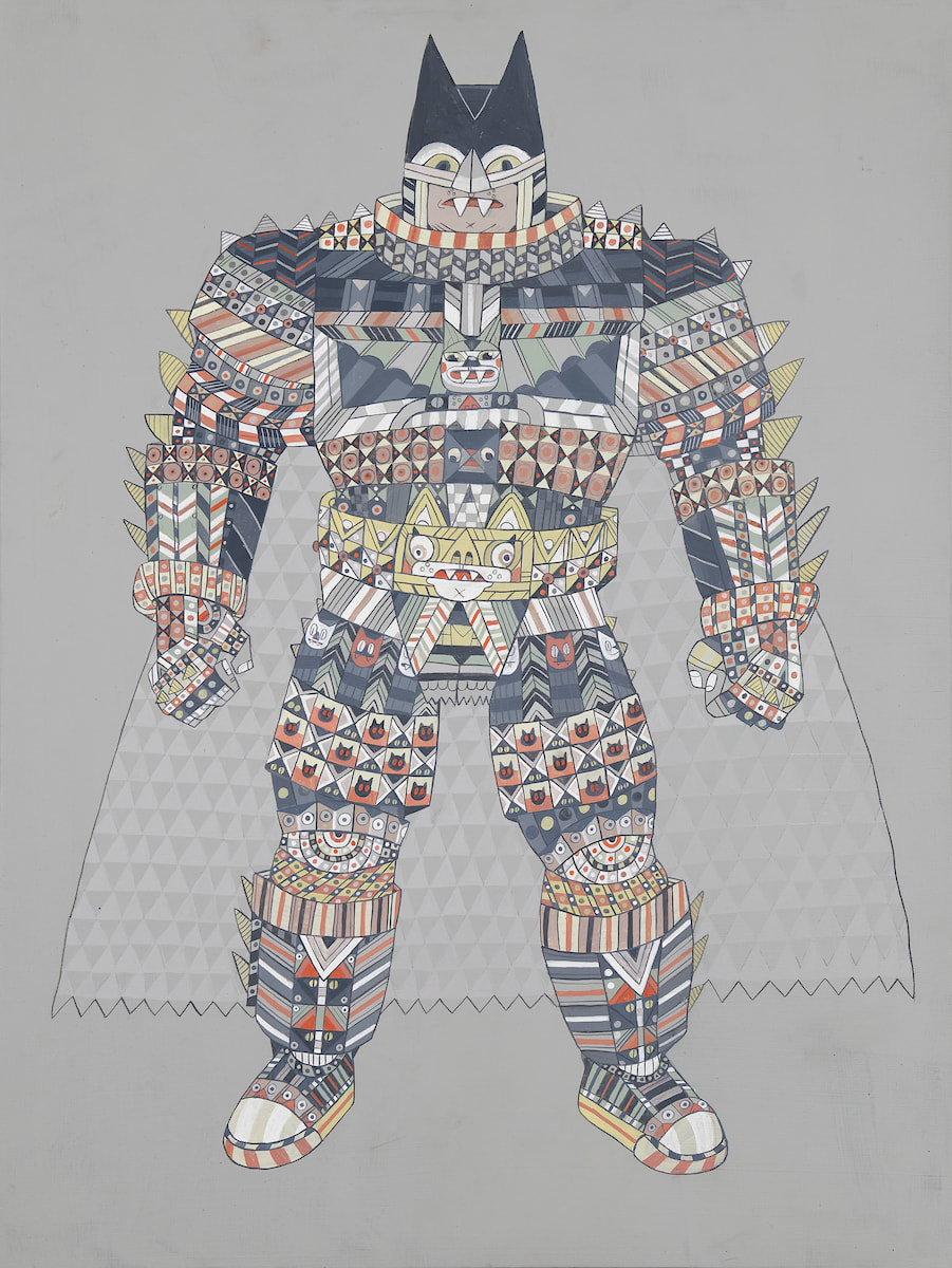 Ferris Plock painting of cartoon figure in multicolored and patterend costume against white background