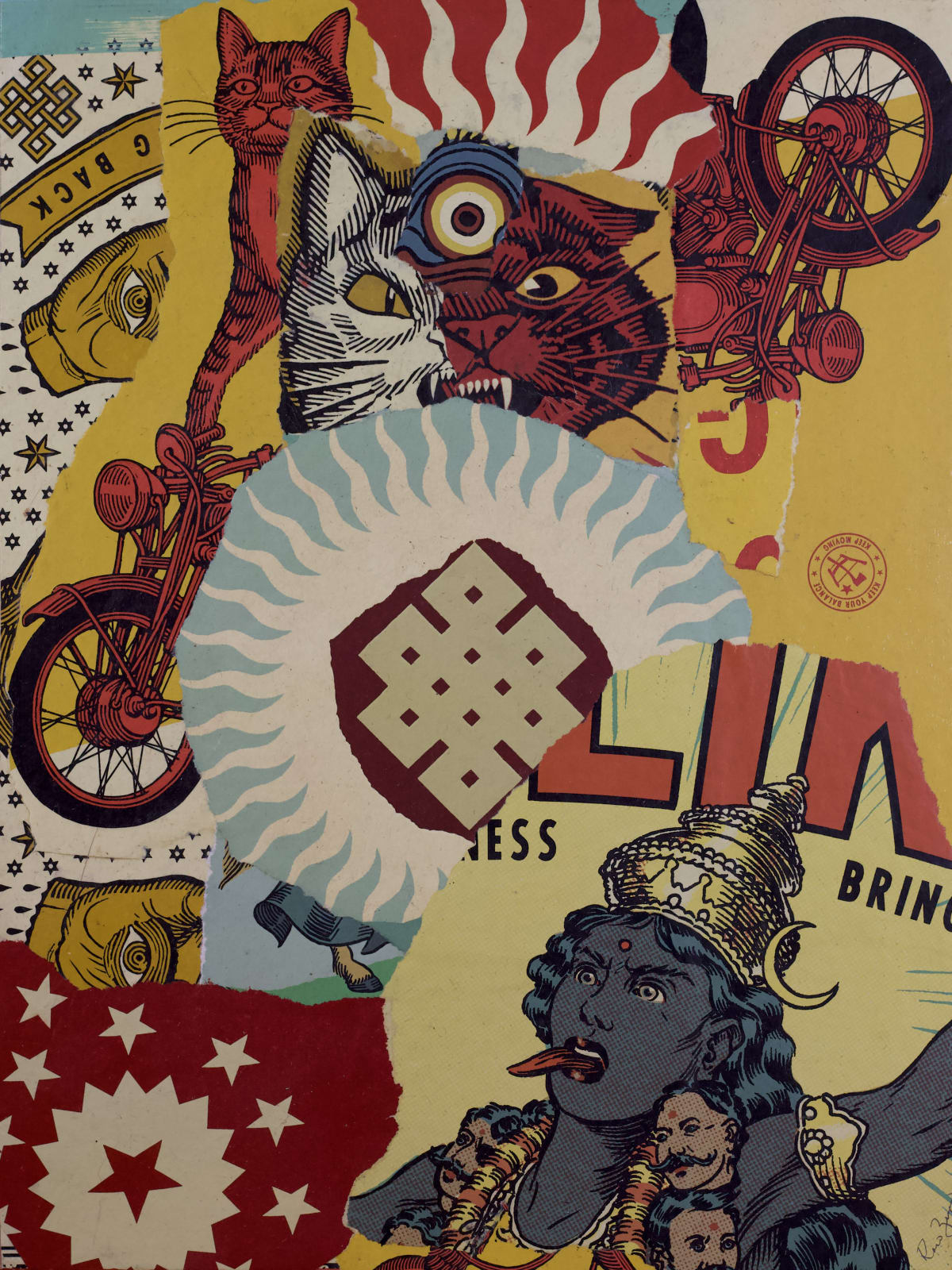 collage of torn up screen prints of religious and historical symbols