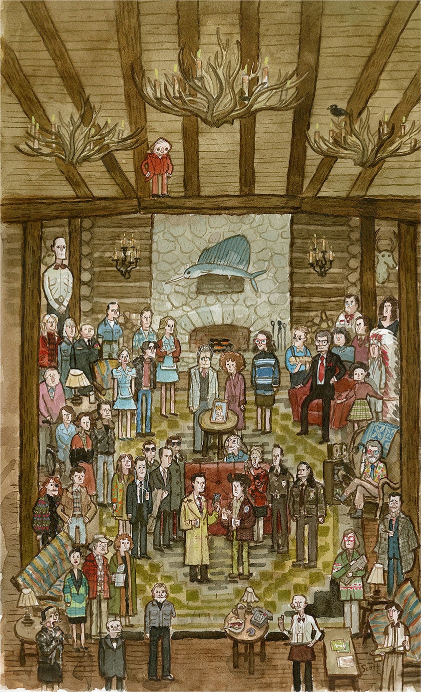 multiple characters in a room that resembles a wooden lodge cabin
