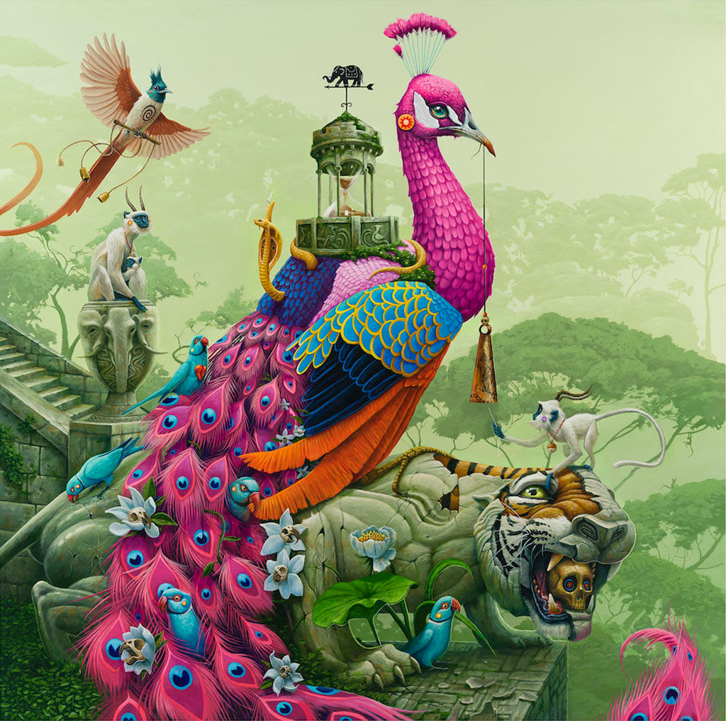 Dulk painting of pink peacock with tiger with lush background