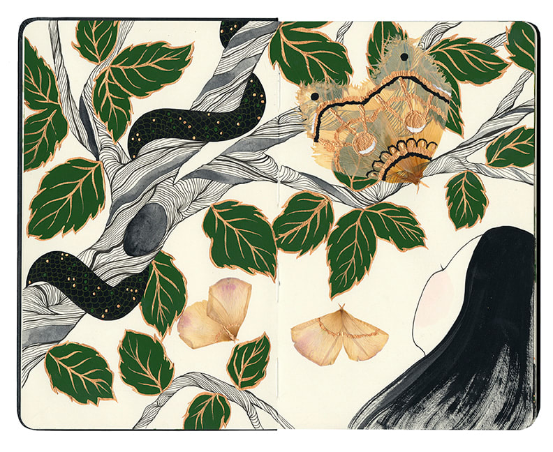Painting of the back of a woman's head looking at a tree with a snake and a giant moth in the branches.