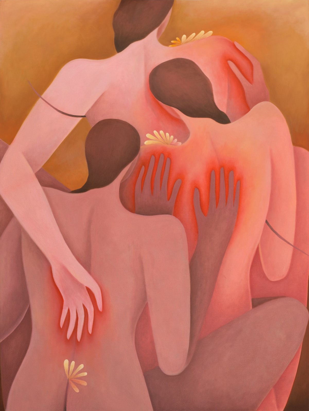 Painting by Laura Berger of three naked figures with their backs facing the viewer. Each figure is touching the others back, their hands are glowing red as if they are on fire.