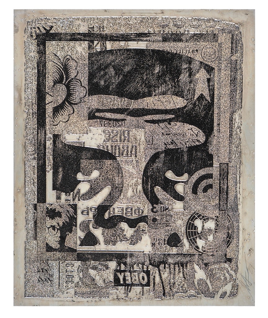 abstracted collage with a mans face overlaid with text, textures, and images