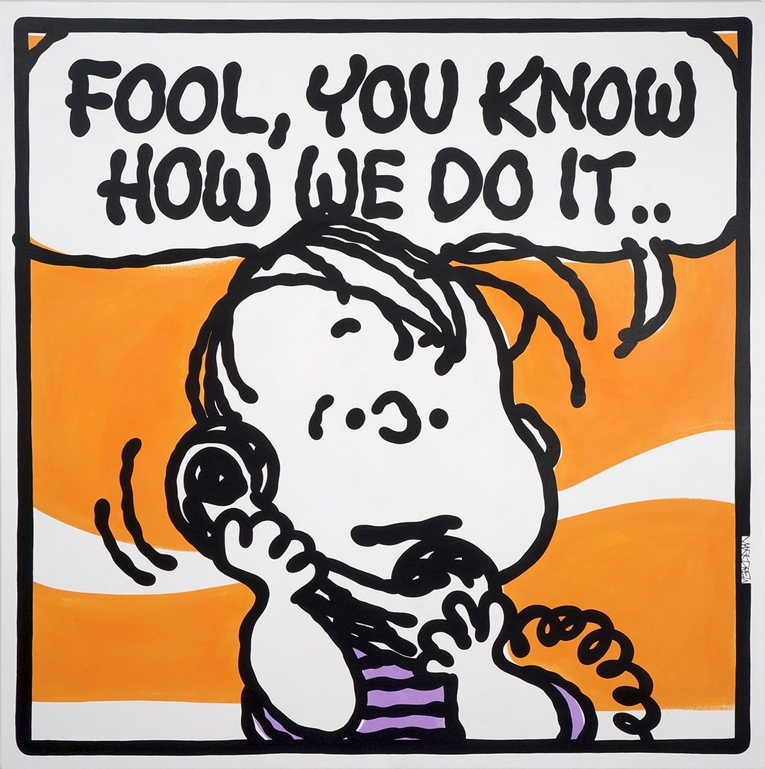 painting of charlie brown character holding a phone up to his ear with rap lyrics above his head