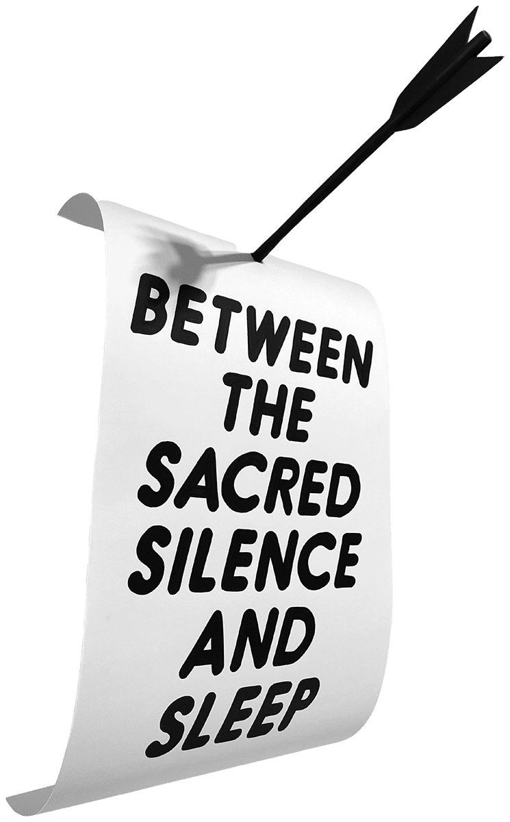 white scroll with all uppercase black text and an arrow going through the paper at the top