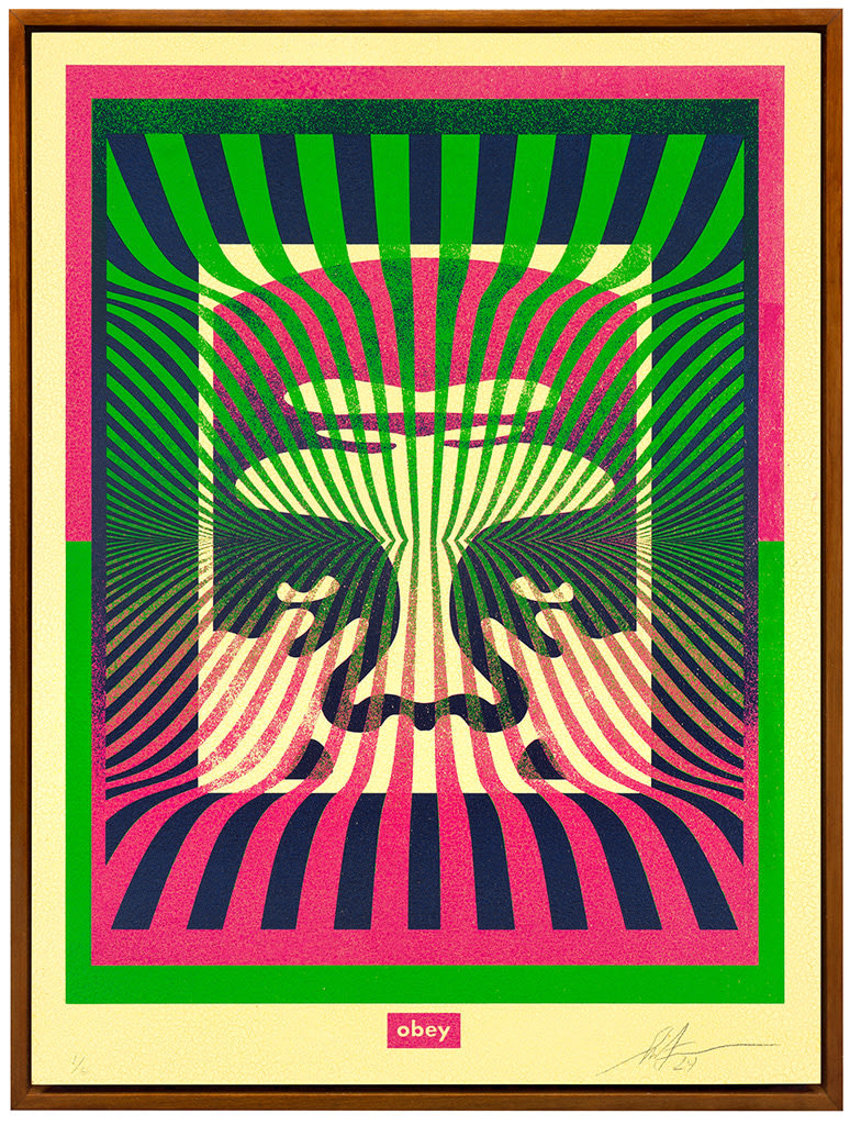 upper half of a drawing of a face with green, pink, and blue lines going through it with a beige border