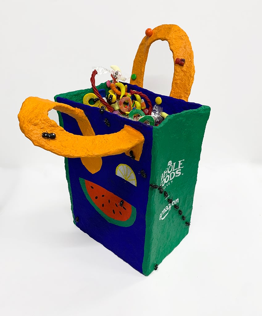 Nic Dyer mixed media sculpture of cloth Whole Foods bag filled with candy, ants on outside