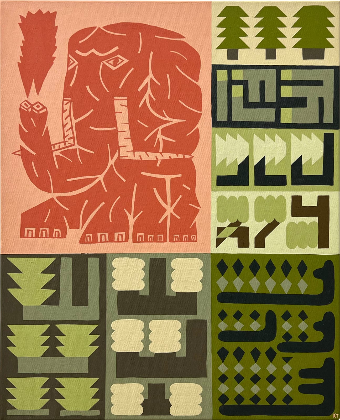 geometric green patterns and a red image of an elephant