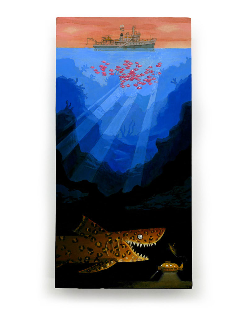 painting of a shark and submarine from