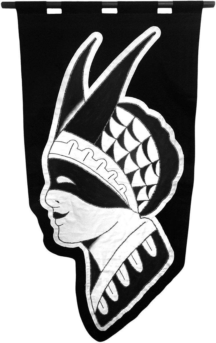 embroidered black and white banner of a person side profile wearing a mask