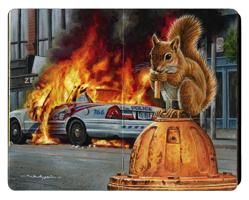 Jason Edmiston: Painting of a squirrel sitting on orange fire hydrant while a white police car burns in the background on an open Moleskine notebook by artist Jason Edmiston