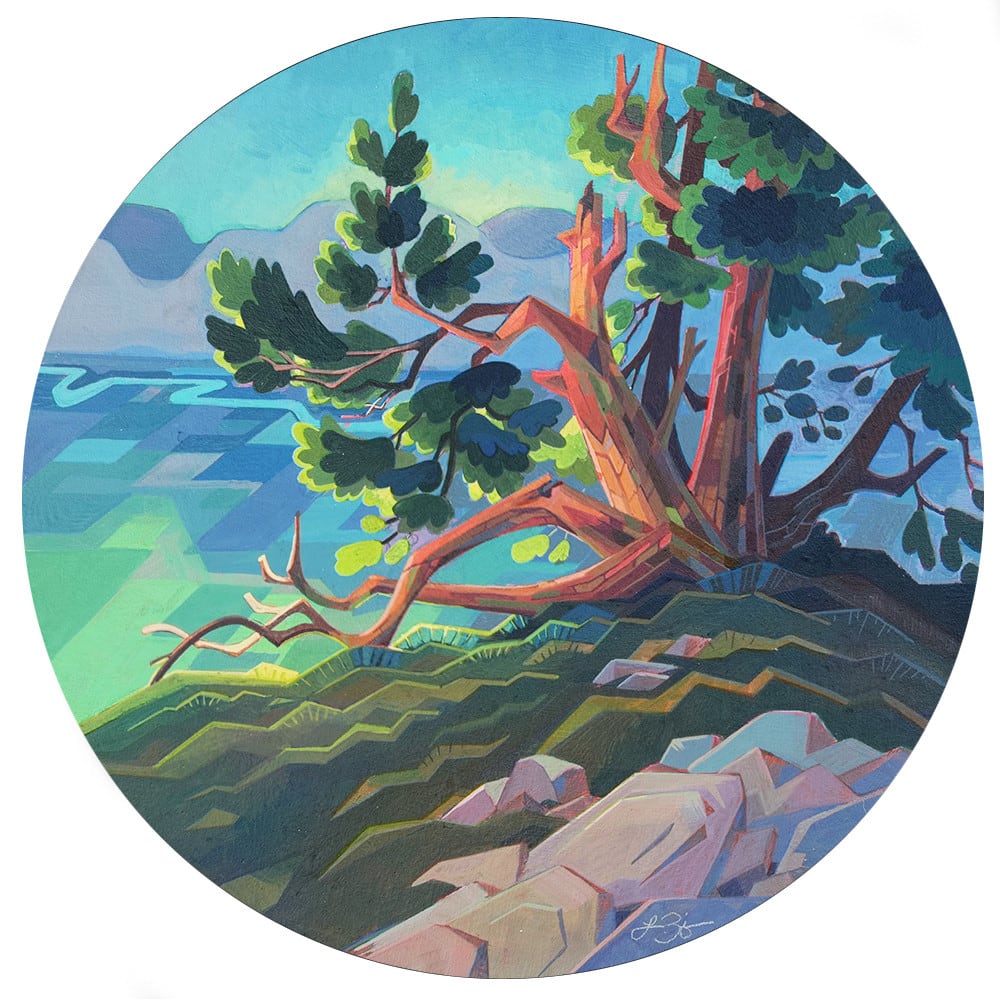 blue and green forest scene painted on a round panel