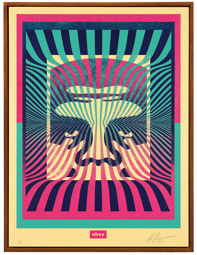 upper half of a drawing of a face with blue, oink, and beige lines ground through it with a beige border