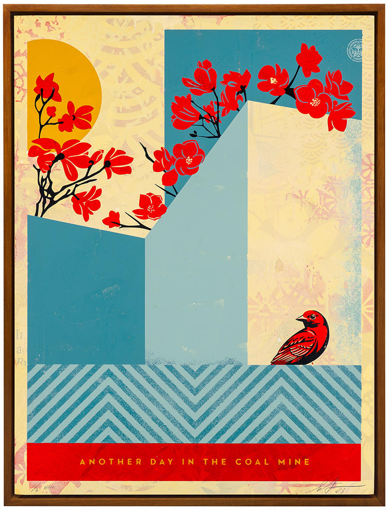 piece by Shepard Fairey with abstracted background of blue, red, yellow, and cream shapes with a bird and flowers around the scene