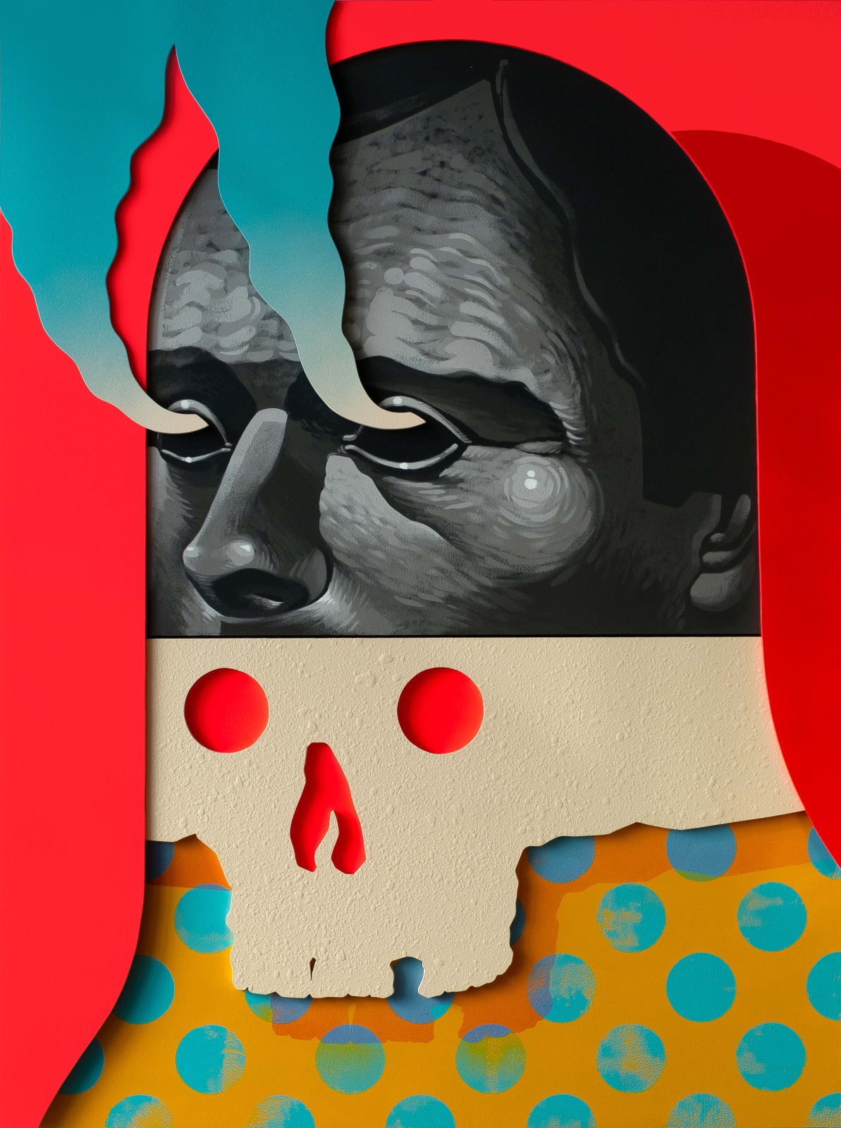 Painting of a man with smoke rising from his eyes above a skull by Michael Reeder