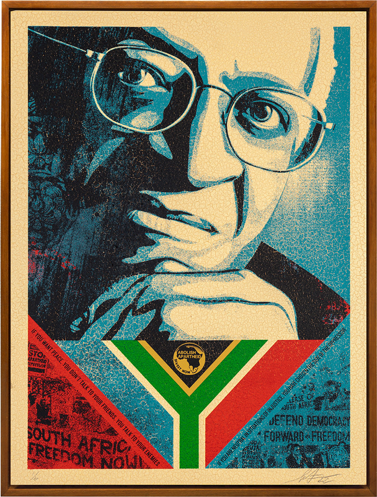 blue scale image of Desmond Tutu with South African flag below him