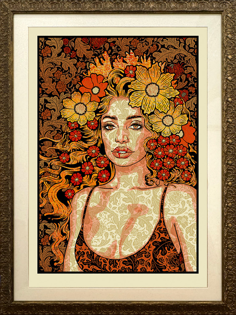 Red, Orange, and yellow portrait of a woman with flowers on her head