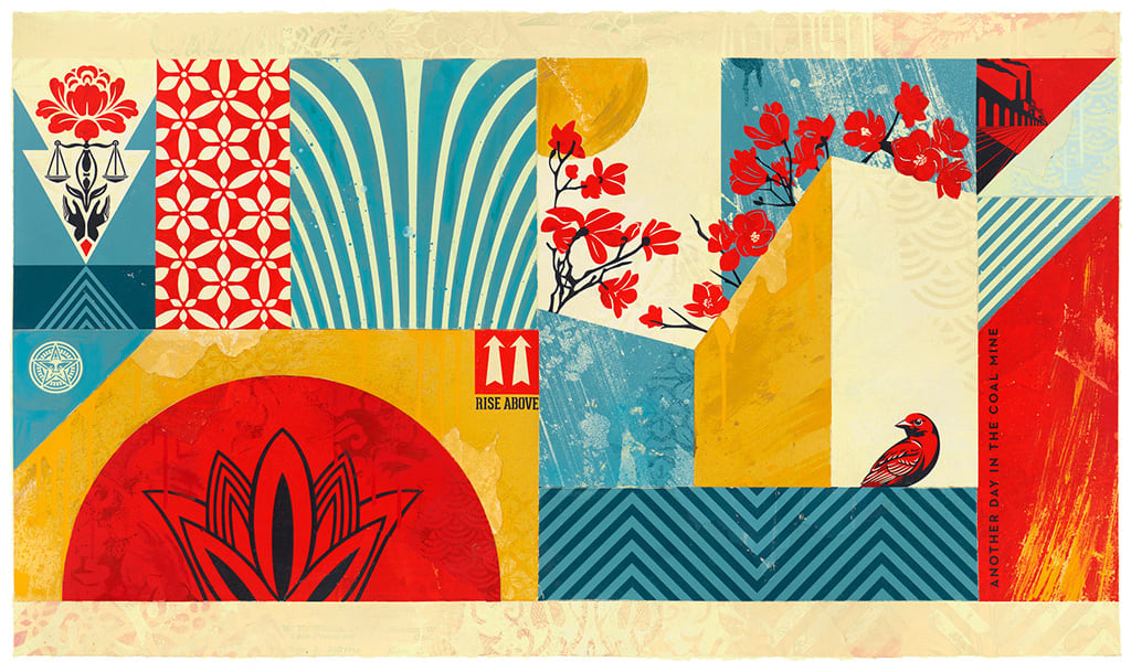 piece by Shepard Fairey with abstracted blue, red, yellow, and cream shapes with a bird and flowers around the scene
