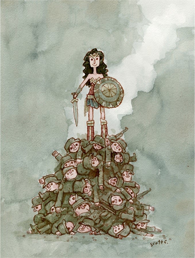 Wonder woman standing on a pile of soldiers