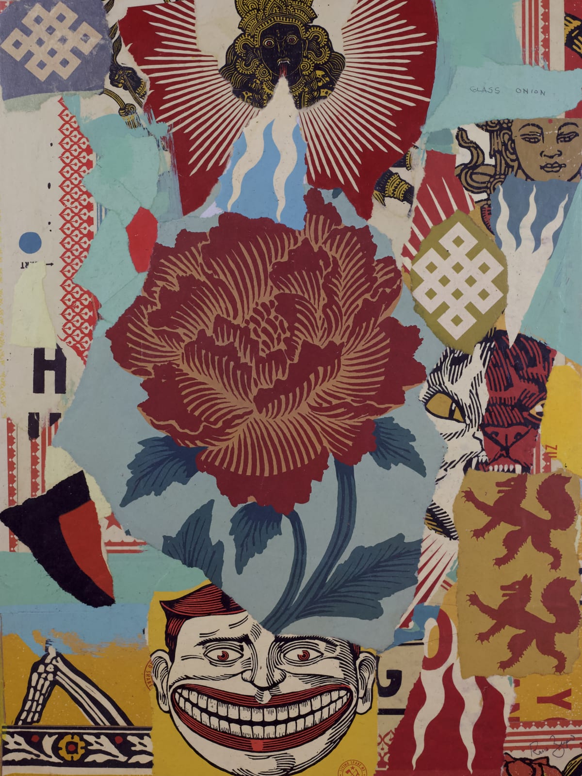 collage of torn up screen prints of religious and historical symbols