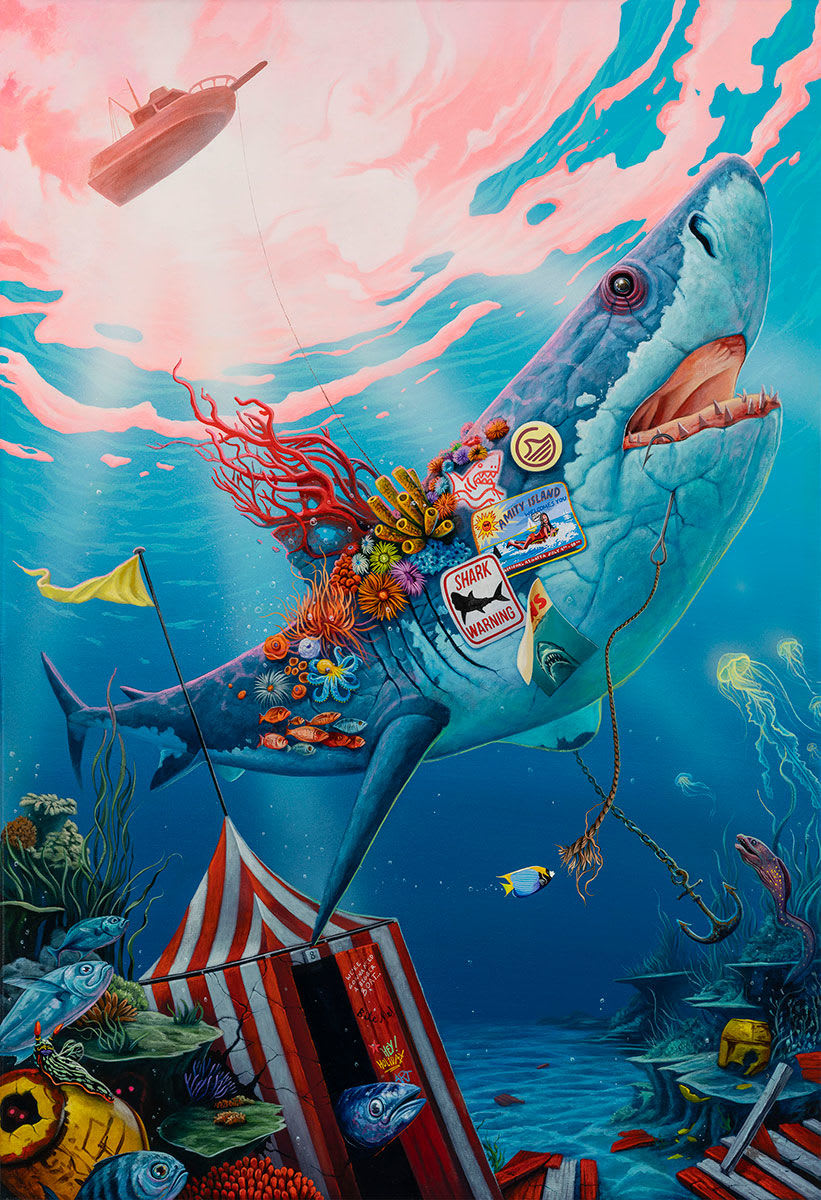 surrealistic painting of a shark underwater