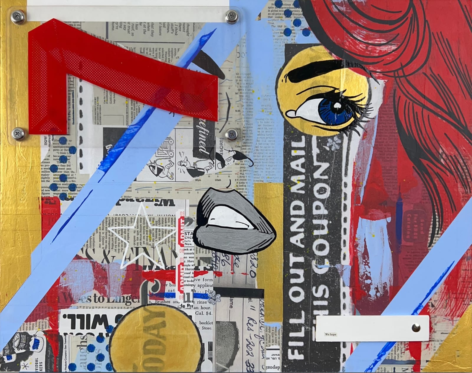 mixed media collage including text and part of a woman's face