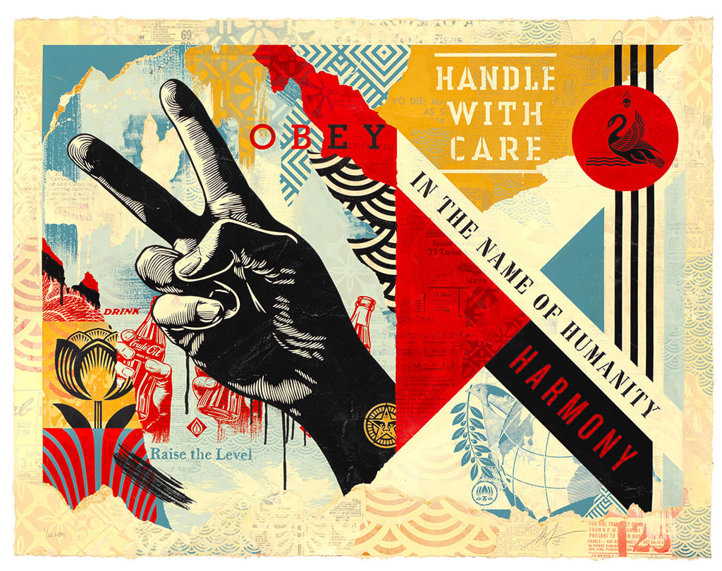 collaged image with a hand holding a prace sign, various geometric patterns, text, and other images in blue, red, and yellow