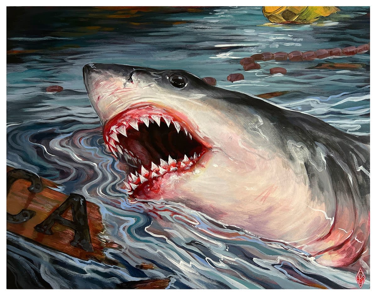 painting of a shark showing its teeth and breaching the water