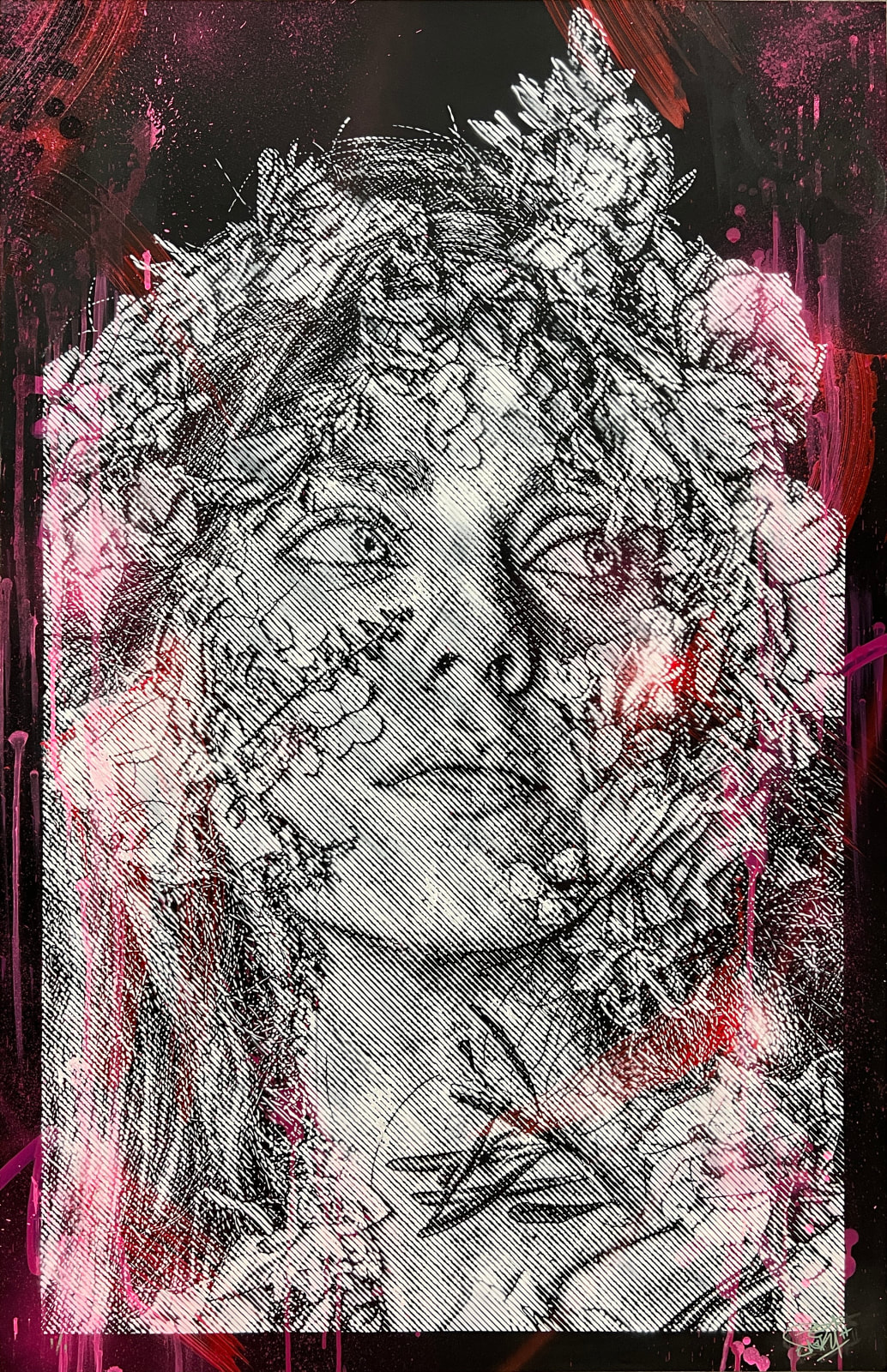 portrait of a woman with flowers around her face and pink accents