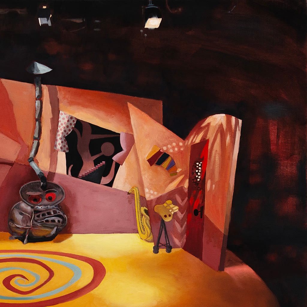 Painting of a set with a yellow flour and a red and blue swirl in the middle, there is a moose head hanging above a blue chest and a wood burning stove in the back