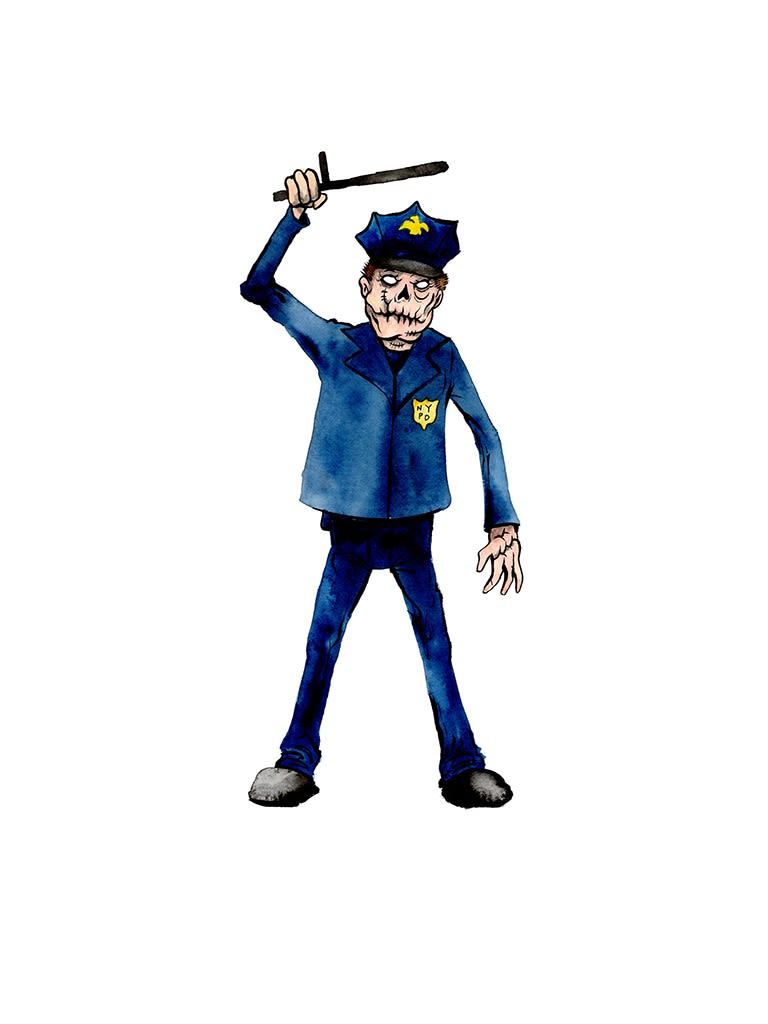 Painting by Alex Pardee of a police officer holding a baton above his head