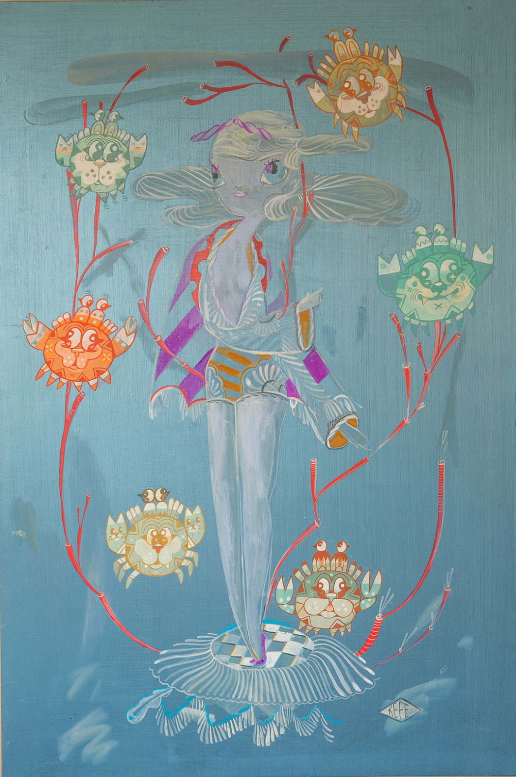 blue fair woman surround in a circle by crab creatures
