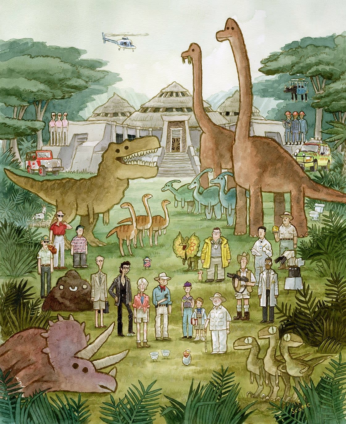 different characters and animals from Jurassic Park