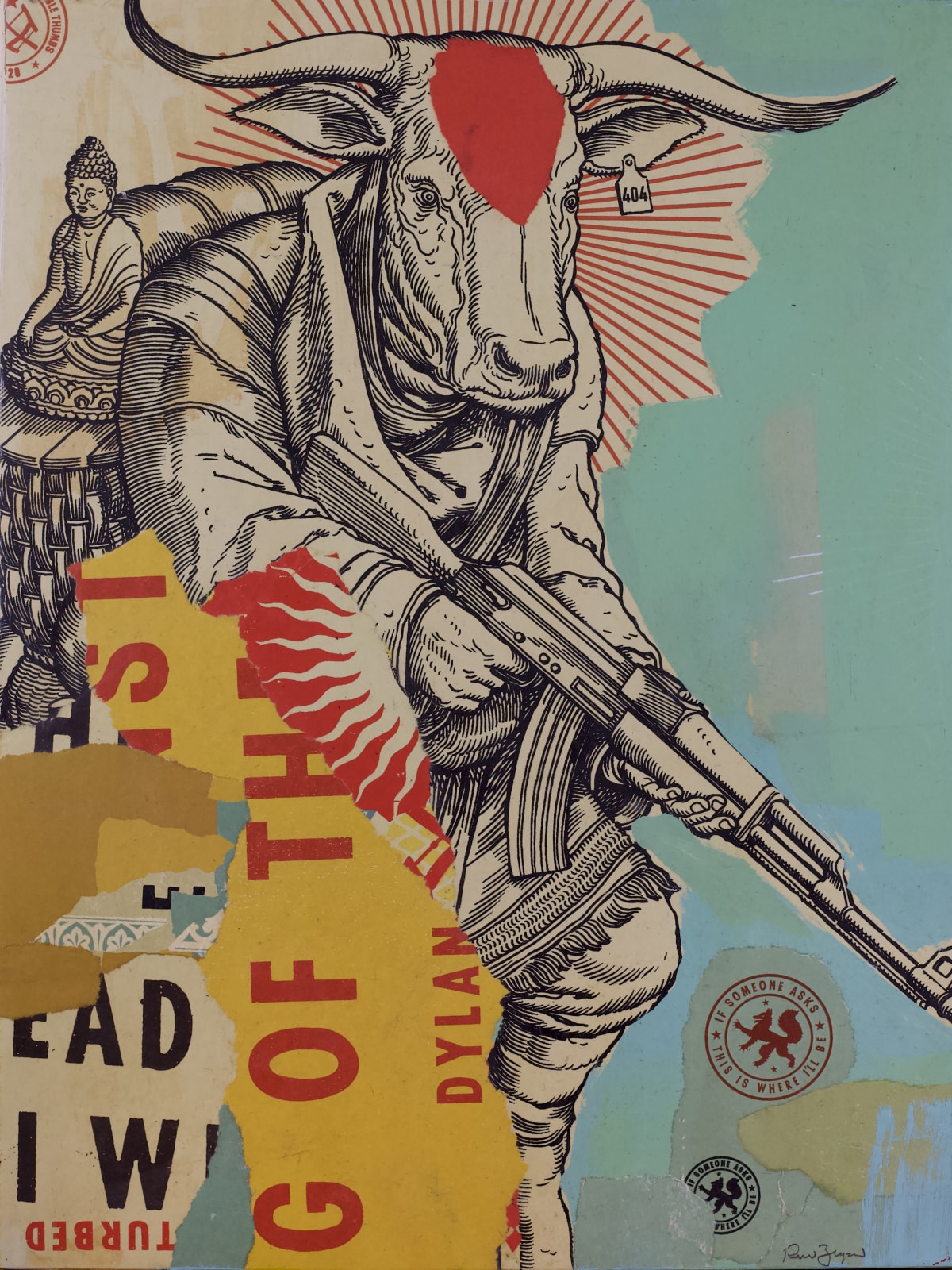 collage of torn up screen prints of religious and historical symbols