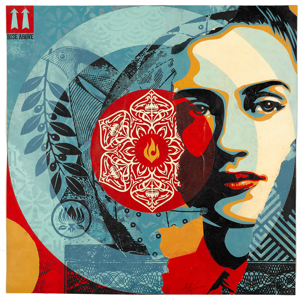 image of a womans face offset with a mandala shape in the middle and an abstracted blue, red, and yellow background overlaid with a bird and branch image and various patterns