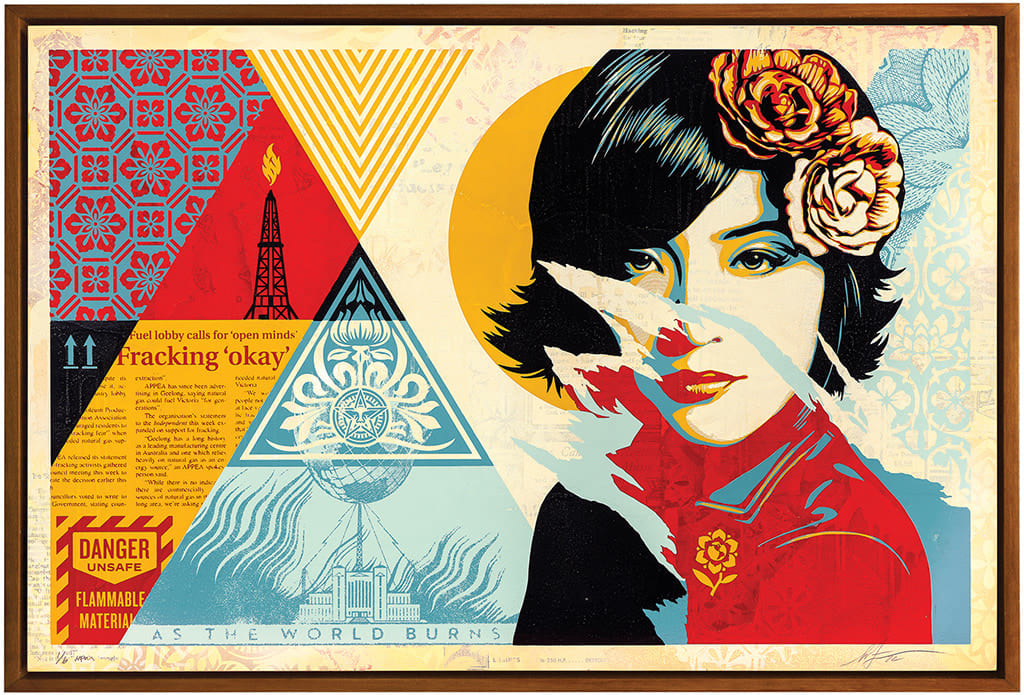 image of a woman collaged with blue, red, and yellow patterns, text, shapes, and images