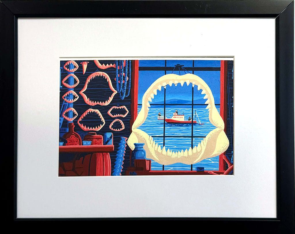 drawing of a shack that has multiple fossils of a shark mouth hanging on its walls