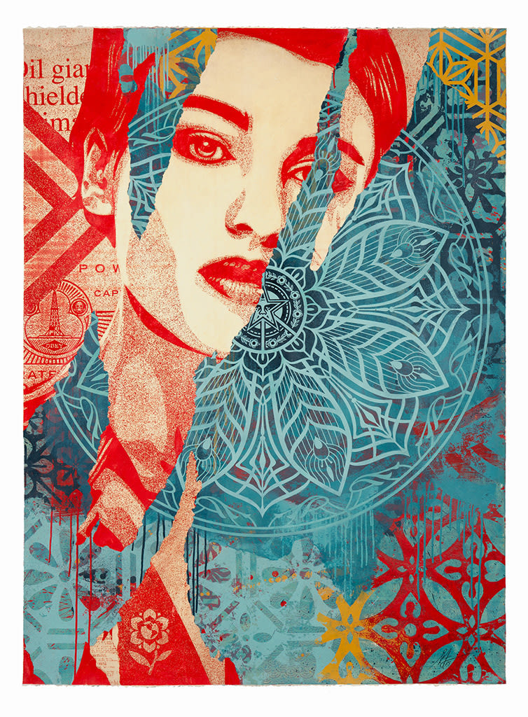 image of a woman collaged and abstracted with a blue mandala patter with red and yellow accent patterns