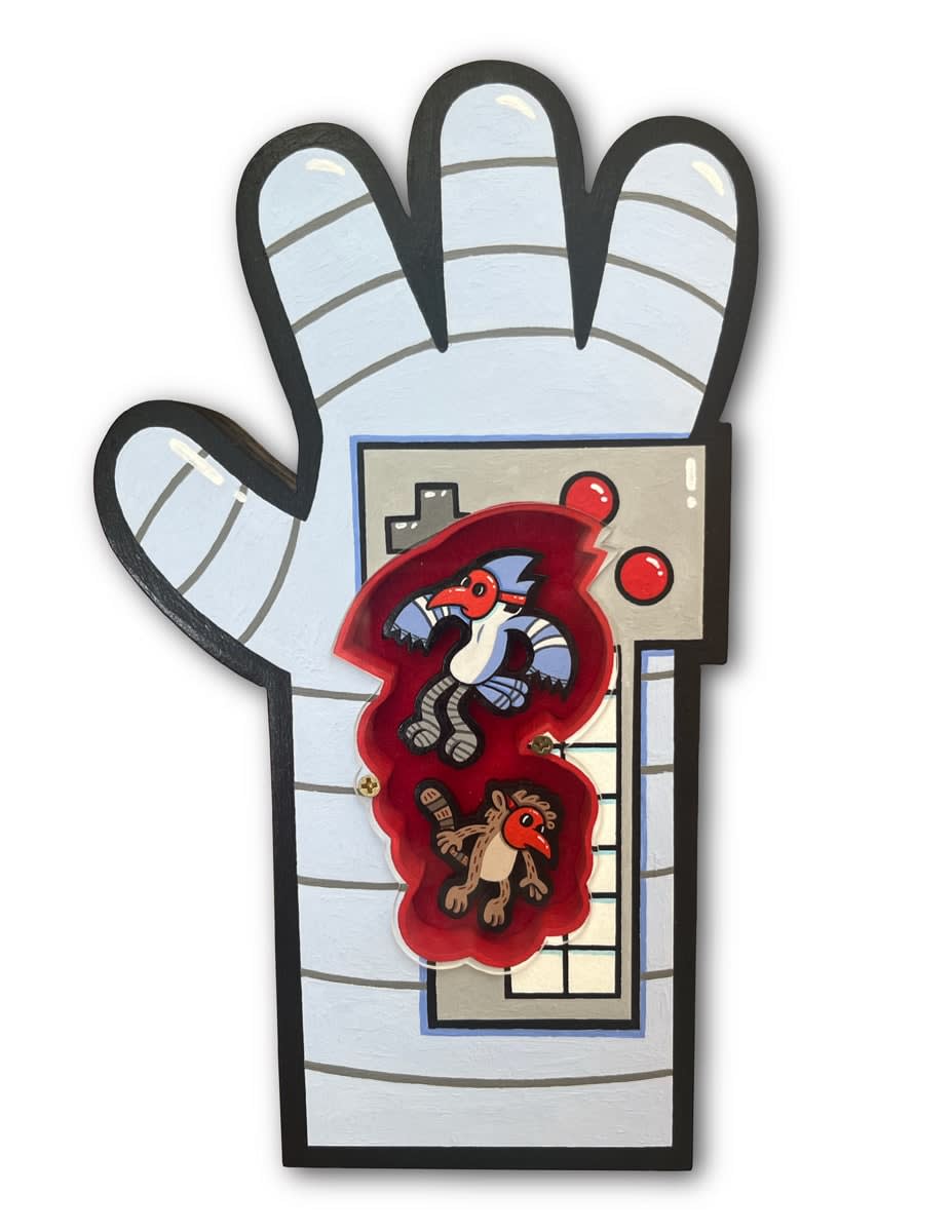 sculpture of a hand with characters from the regular show